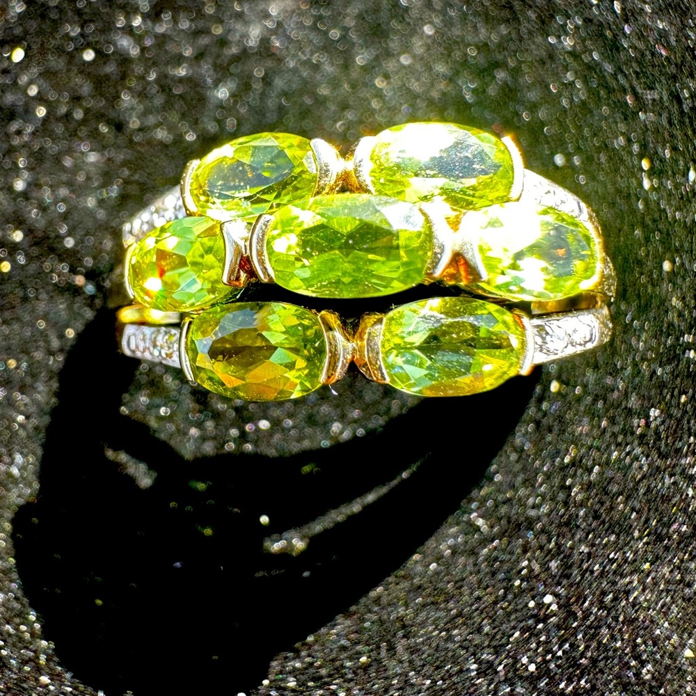 Natural Diamond & Green Prasiolite Ring Band 7 7.5 solid gold on 925 lk emerald